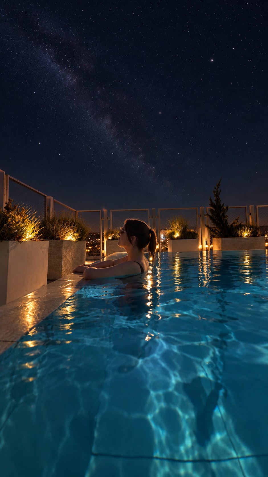 Eine Frau lehnt allein am Beckenrand des Rooftop-Pools und schaut in den Sternenhimmel