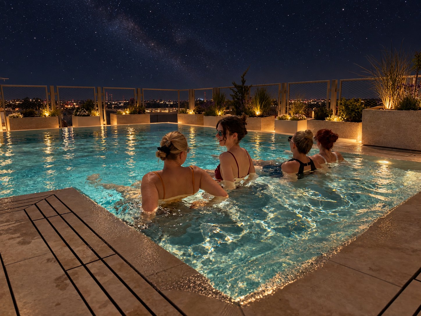 Vier Frauen sitzen entspannt nebeneinander im beleuchteten Pool unter dem Sternenhimmel